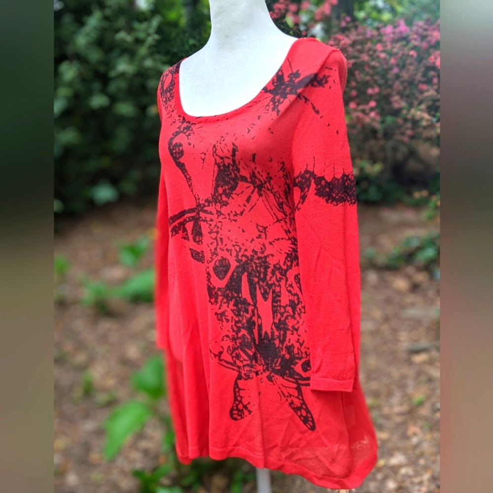 Lauren Vidal Sheer Red art to wear tunic long sleeve  pullover SZ M